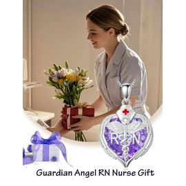 TOUPOP RN Necklace 925 Sterling Silver Registered Nurse RN Angle Wings Caduceus Pendant Gifts for Nurse Graduation Heart Crystal Jewelry Birthday Christmas Gifts for Her Wife