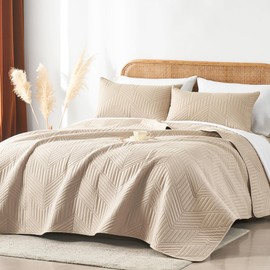 Davulos King Quilt Bedding Set,Beige Ultrasonic King/Cal King Quilt Set Reversible Microfiber Bedspread,Lightweight Soft Modern Geometric Coverlet Set for All Seasons(1 Quilt,2 Pillow Shams)
