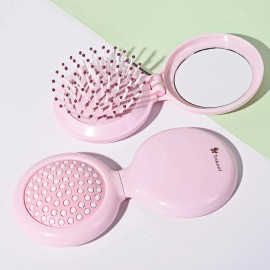 Trikeel Mini Folding Hair Brush with Mirror Travel Pink