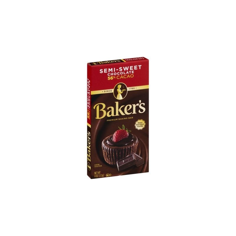 Baker's Baking Chocolate Bar 56% Cacao Semi-Sweet, 4 Oz (Pack