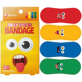 BioSwiss Bandages, Silly Faces Shaped Self Adhesive Bandage Set, Latex Free Sterile Wound Care, 24 Count
