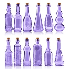 BULK PARADISE Small Mini Purple Vintage Glass Bottles with Corks, Mini Vases, Decorative Glass Bottle, Potion Bottles, Assorted Design Set of 12 pcs, 4.6 Inch Tall (11.43cm), 1.4 Inch Wide (3.56cm)
