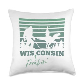 Funny Wisconsin Trex Sasquatch WI Men Women Kids Wisconsin Bigfoot Walking T-Rex Gnome Freakin Funny WI Throw Pillow, 18x18, Multicolor