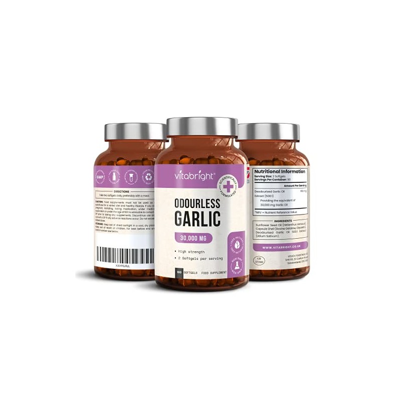 Odourless Garlic Capsules - High Strength 30,000mg - 180 Deodourised