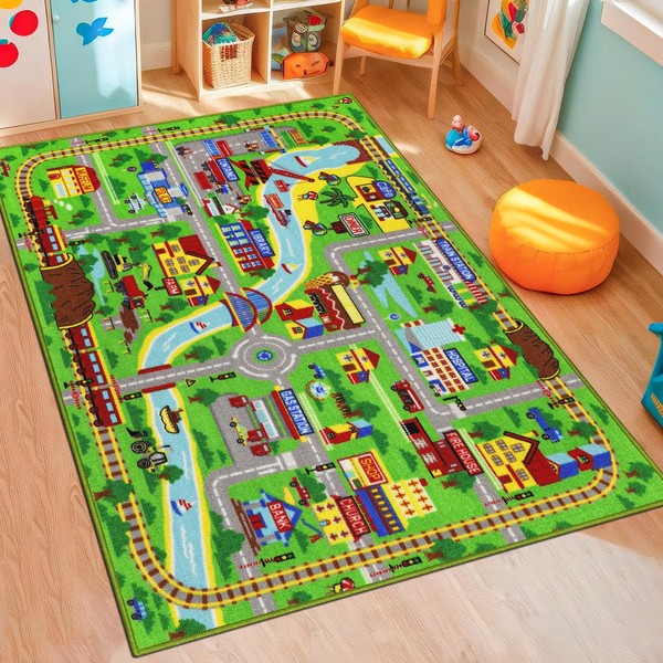 Ythropon Kids Rug Car Play Mat 5.2'x3.3',Train Track Kids Carpet