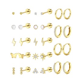 Thunaraz Flat Back Earrings for Women Hypoallergenic - Surgical Steel Stud Hoop Earrings for Sensitive Ears Stainless Steel Flatback Earings Screw Back Cartilage Earring Set Gold