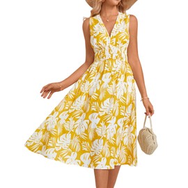 GRACE KARIN Women's Spring Deep V Neck Sleeveless Floral Sundresses with Pockets Flowy Summer Dresses for Women 2025 Yellow Leaves M