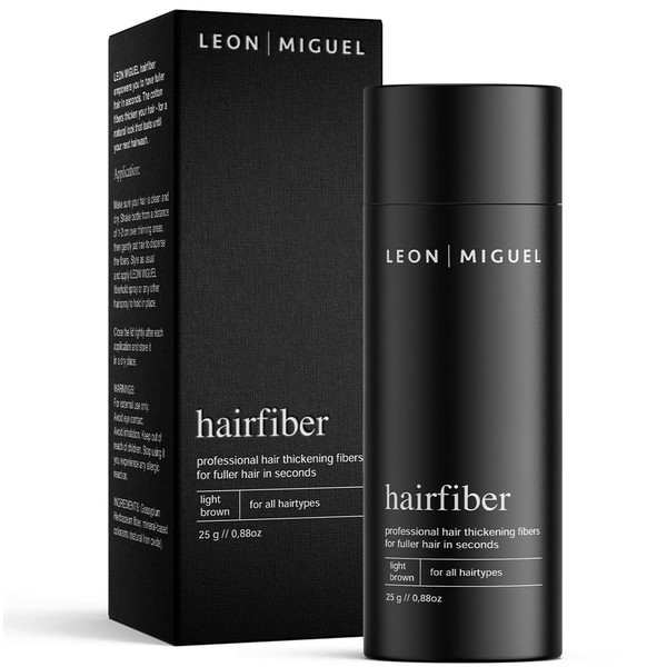 LEON MIGUEL Hair Fiber - Premium Hair Thickener – Immediately Conceals Receding Hairlines, Hair Loss, Balding Areas and Thinning Hair – Hair Powder | 25g (LIGHT BROWN)