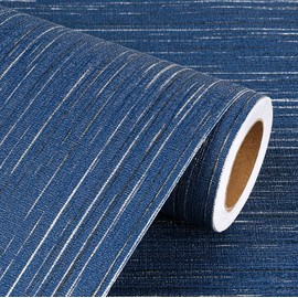 Livelynine Blue Grasscloth Peel and Stick Wallpaper Textured Prepasted Navy Blue Grass Cloth Wall Paper Texture Vinyl Removable Contact Paper Self Adhesive Dark Linen Fabric Wall Covering 15.8x78.8"