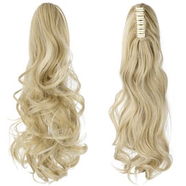 Felendy Ponytail Extension Claw 18" Bleach Blonde Mix Light Blonde Curly Wavy Straight Clip in Hairpiece One Piece Jaw Long Pony Tails