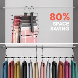 Black Space Saving Pants Hangers 1 Pack, 6 Layer Jeans Hangers and Closet Organizer for Jeans, Scarves, Skirts, Multi-Layer Hanger with Anti-Slip Coating & Stopper, Heavy-Duty S-Type Stainless Steel