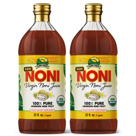 Virgin Noni Juice - RAW (Unpasteurized) 100% Pure Organic Hawaiian Noni Juice - 2 Pack of 32oz Glass Bottles