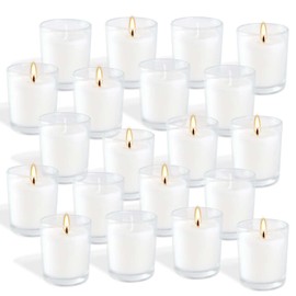 20 Pack White Unscented Glass Cup Candles - 15-20 Hour Burn Time, Soy Wax, Minimalist Style for Home Decor, Weddings, Parties & Special Occasions.