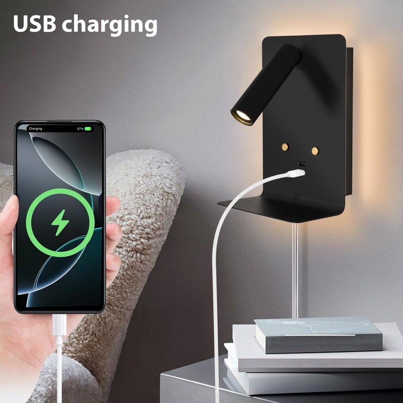 ZEROUNO Modern Wall Mounted Reading Lights Plug in, Black Headboard