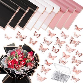 Whaline Wedding Corsages Set 100 Pcs Bouquet Wedding Corsages Pins 48 Pcs 3D Rose Gold Butterfly Wall Decor 15 Sheets Flower Wrapping Paper Black Pink White for Wedding Mother's Day Birthday Party