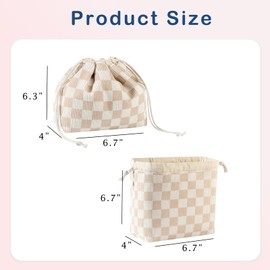 Cotton Quilted Drawstring Makeup Bag with Canvas Lining,Coquette Aesthetic Cute Travel Toiletry Bag,Drawstring Gift Bag for Women and Girls（19 Beige Checker）