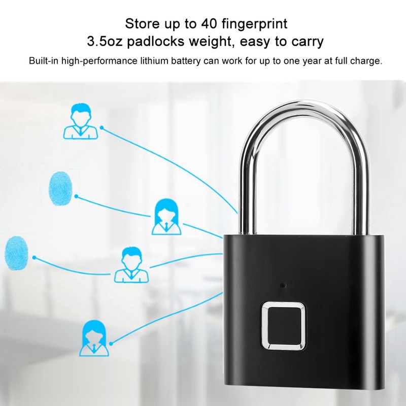 Door Lock Security Keyless USB Rechargeable Fingerprint Smart Padlock Black