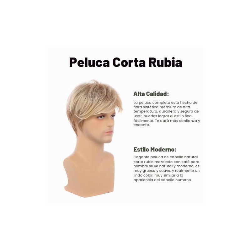 Peluca Corta Rubia en Capas, Tamaño Ajustable, con Gorro para