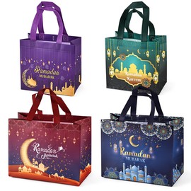 4PCS Ramadan Mubarak Reusable Gift Bags, Assorted Sizes Treat Bags with Handles, Ramadan Mubarak Party Bags, Multifunctional Non-Woven Ramadan Bags for Gifts Wrapping, Ramadan Kareem Party Supplies