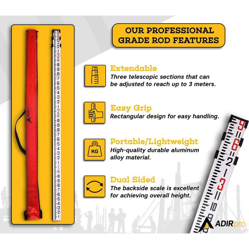 AdirPro 9 ft Aluminum Telescoping Grade Rod | Dual-Sided 5-Section