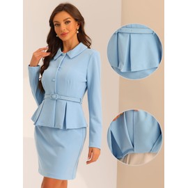 Allegra K Two Pieces Suits for Women's Business Peplum Blazer Jacket Mini Pencil Skirt Sets Large Light Blue