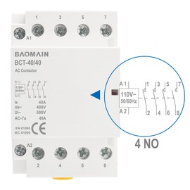 Baomain AC Contactor 40A Coil 4 Pole Normally Open Universal Circuit Control 35mm DIN Rail Mount CE Listed 4NO BCT-40/40 (4NO, AC 110V)