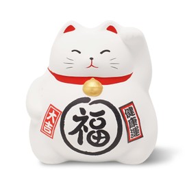 COTONOHA Banko Ware Maneki-Neko Ceramic Piggy Bank - Lucky Cat, Cute and Chubby Traditional Japanese Money Box (White)