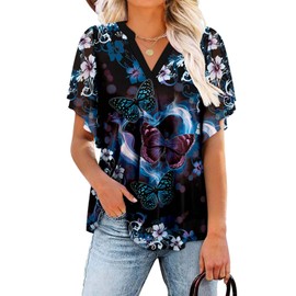 onlypuff Petite V-Neck Ruffle Sleeve Top - Flowy Chiffon Summer Blouse Butterfly Floral Tunic M