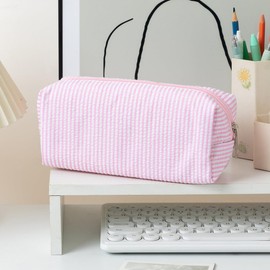 Small Makeup Bag, Cute Make up Pouch, Mini Cosmetic Case for Women and Girls Travel Essentials (Pink & White Stripes)