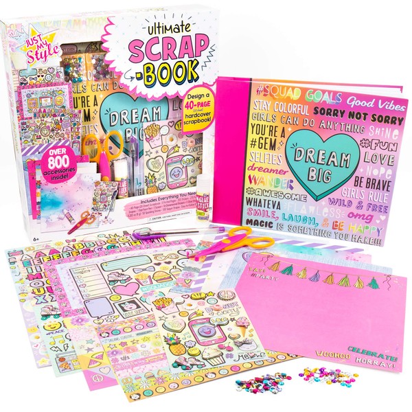 Just My Style Ultimate Scrapbook, Personalize and Decorate A 40-Page DIY Scrapbook, Great for Travel, Road Trips & On-The-Go, Memory Keeper Scrap Book for Kids & Tween Ages 6, 7, 8, 9,Beige