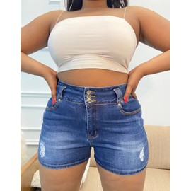 Flamingals Butt Lifting Shorts for Women High Waist Denim Jeans Shorts with Pockets Frayed Raw Ripped Mid Blue M