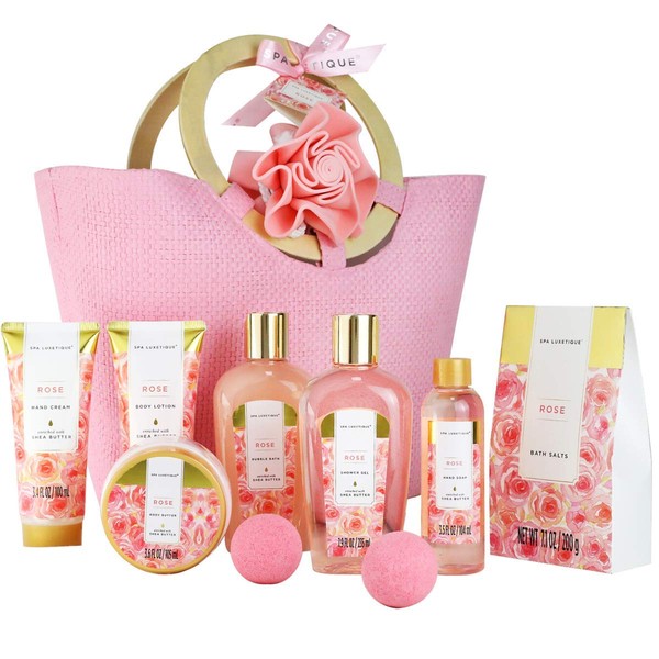 Spa Luxetique Spa Gift Baskets for Women, Valentines Day Spa Gifts for Women, Rose Spa Set, Luxury 10 Pcs Home Bath Set with Bath Salts, Body Lotion, Shower Gel, Body Butter, Beauty Gifts for Women.