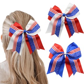 DIUEWOW 2 Pack Hair Ties, American Flag 8 Inch Hair Ties, Independence Day 4th of July Cheer Bows, Red White Blue Star Patriotic Memorial Day Ribbon Hair Bows for Women Girls