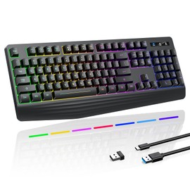 Wireless Gaming Keyboard, RGB & Single-Color Backlit, Full-Size Waterproof Computer Keyboard, Silent Keys, Wrist Rest, Sleep Mode, Rechargeable 2.4G Wireless Keyboardfor Windows, Mac, PC, Laptop