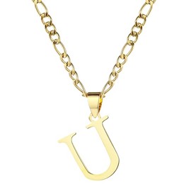 kelistom Gold Initial Necklace for Women Men 14K Gold Silver Tone Stainless Steel Letters Figaro Chain Necklace, Capital Monogram Necklace Alphabets from A-Z (U, Gold, chain length:18")