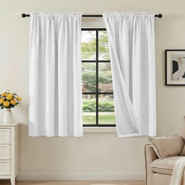 H.VERSAILTEX Linen Look 100% Blackout Curtains 45 Inches Long for Bedroom Full Light Blocking Rod Pocket Linen Textured Thick Window Curtain Drapes with White Backing, Pure White, 2 Panels