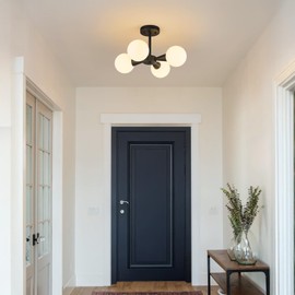 LBSQJ Modern Ceiling Light with Milk White Glass lampshade Black Semi Flush Mount Ceiling Light Fixture Sputnik Chandelier for Bedroom Living Room Dining Room Foyer Hallway(4-Lights)