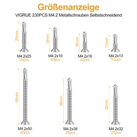 VIGRUE Pack of 230 Self-Tapping Screws, M4.2 Tapping Screws Self-Tapping Set, Phillips Drilling Screws, Self-Tapping Made of 410 Stainless Steel in Assortment Box