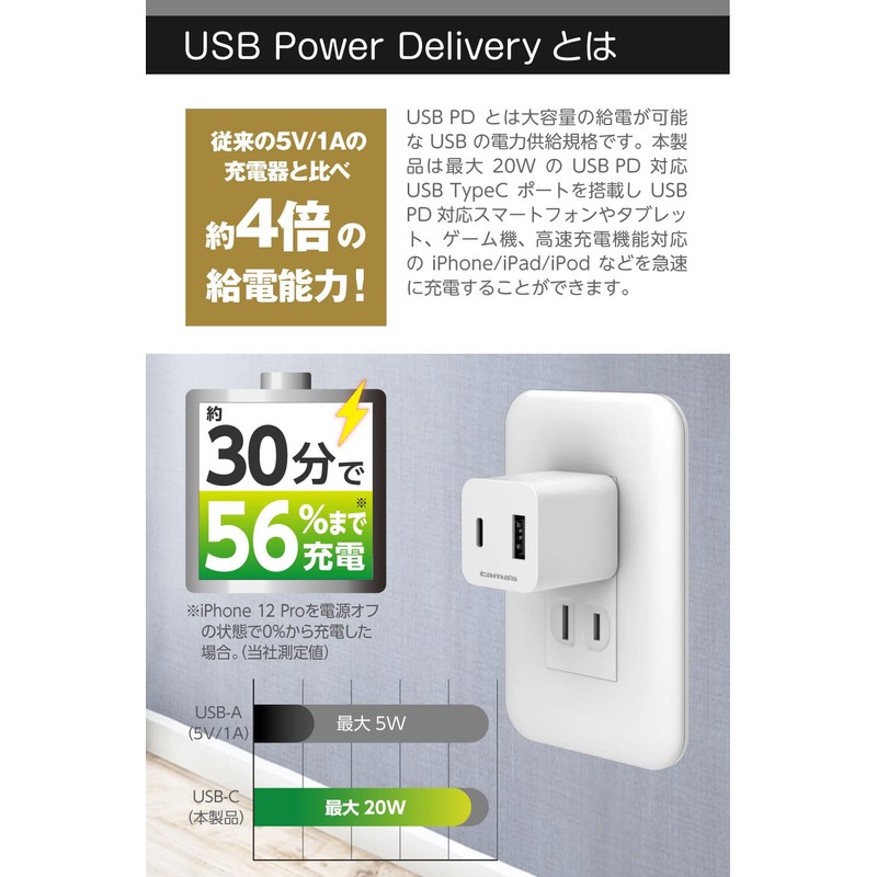 Tama Electronics Industry TAP137UCW PD Compatible AC Charger, Rapid Charging,