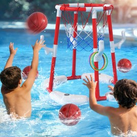 BLmukce Pool Basketball Hoop for Kids 4-8 & 8-12 Years Old - 2-in-1 Floating & Above Ground Water Game with 4 Balls, 12 Rings & Pump, Inflatable Outdoor Play Swimming Pool Toy for Adult Summer Party