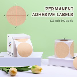 PARLAIM 3 Inch Round Color-Code Dot Stickers, 500 per Round Color Code Labels,Kraft Paper Dispenser Box Roll dots Label Inventory Circle Stickers（Kraft ）