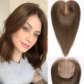 HAIRCUBE Hair Topper 5"*5.5" Base Hair Toppers for Women Real Human Hair，14 inch Medium Brown 100% Human Hair Topper No Bangs for Women with Thinning Hair Cover Grey Hair Root