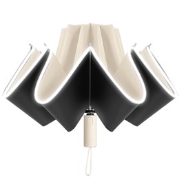Lantusire Automatic Rain Umbrella with Reflective Strip, Large Windproof Folding Inverted Umbrella for Women Men, UPF 50+, 10 Ribs, Khaki