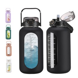 chunmo 74 oz Glass Water Bolttles with Straw Large Motivational Water Bottle with Time Marker Sports Water Bottles with Silicone Sleeve and Handle Lid 2.2L Water Jug for Gym Workout