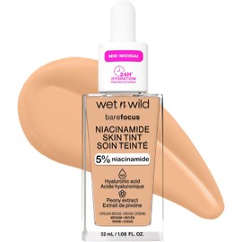 Base de Maquillaje Tinta Serum Niacinamida, Ácido Hialuronico, Vitamina E, Cobertura Ligera,Acabado Natural Piel efecto Luminoso y Brillante, Libre de siliconas y parabenos. BARE FOCUS NIACINAMIDE SKIN TINT CREAM BEIGE