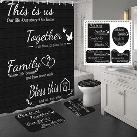 4Pcs Family Shower Curtain Sets with Non-Slip Rugs, Toilet Lid Cover and Bath Mat, Black Home Bathroom Decor Set Accessories Waterproof Shower Curtains with 12 Hooks, 72 x 72 Inch - Color: Grey