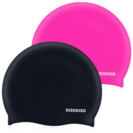 Dizokizo 2pcs High Elasticity Silicone Swim Cap for Women and Men, Comfortable Non-Slip Swimming Caps for Long and Short Hair, Durable Waterproof Swim Hats for Adults, Keep Hair Dry (Rose red & Black)