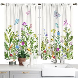 Floral Butterfly Kitchen Curtains Farmhouse Spring Colorful Flower Small Short Cafe Windows Curtains Watercolor Tier Curtains for Bathroom Window Living Room Rod Pocket Treatment Drapes (28x39 Inch)