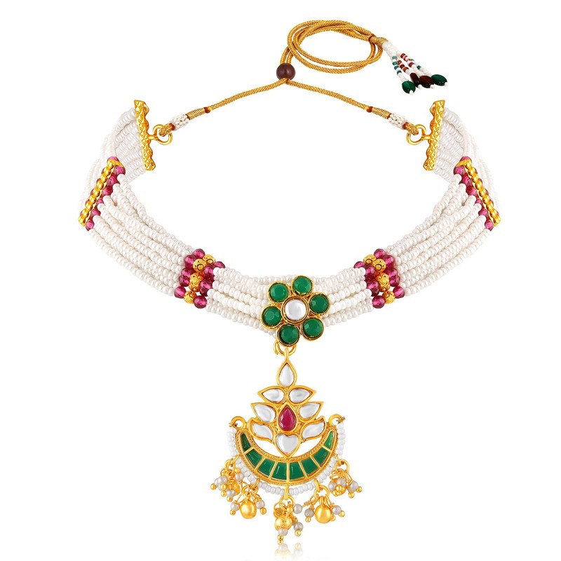 Aheli Gold Plated Rani Pink Green Kundan & Beads Studded