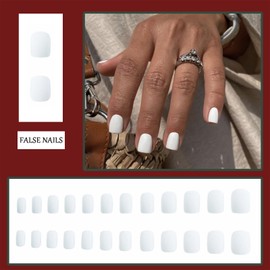 24PCS Short Press on Nails - Square French Tip False Nails Pure White Color - Acrylic Full Cover Fake Fingernail - Natural Artificial Stick on Nails in 12 Sizes for Women and Girls Nail Art Manicure